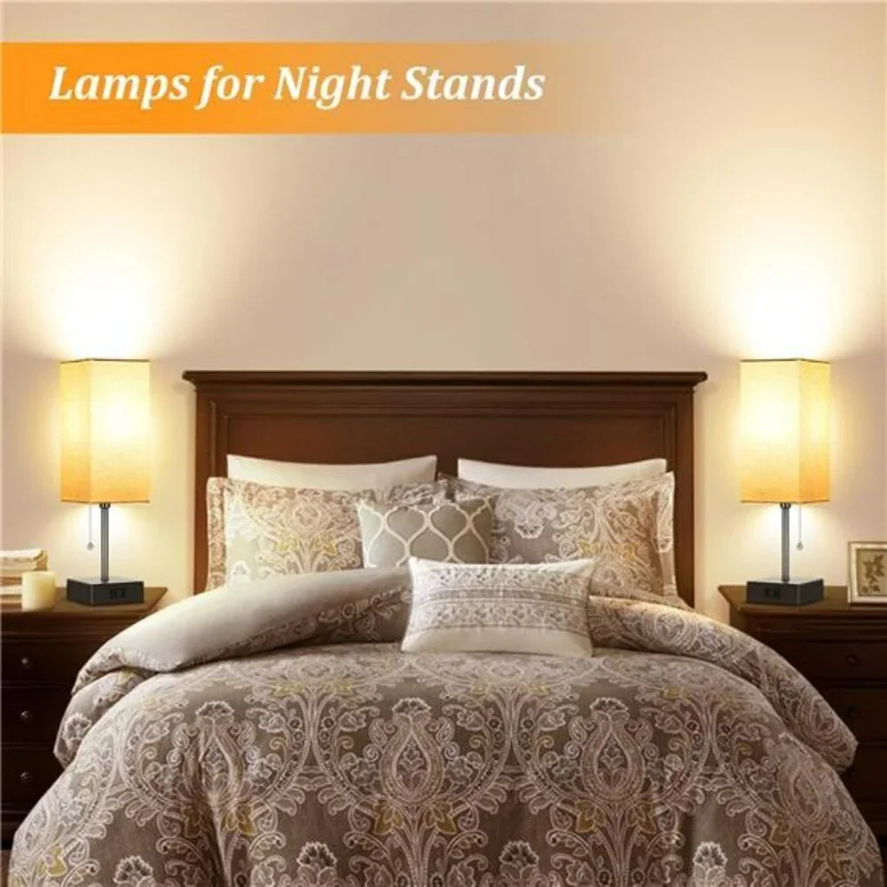 Set of 2 Small Bedroom Table Lamps with AC Outlet Pull Chain and LED Bulbs - Picture 5 of 7